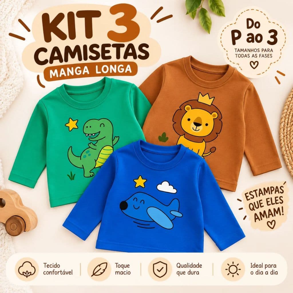 Kit 3 Camisetas Manga Longa  Bebê Infantil 100% Algodão Estampadas Menino Menina