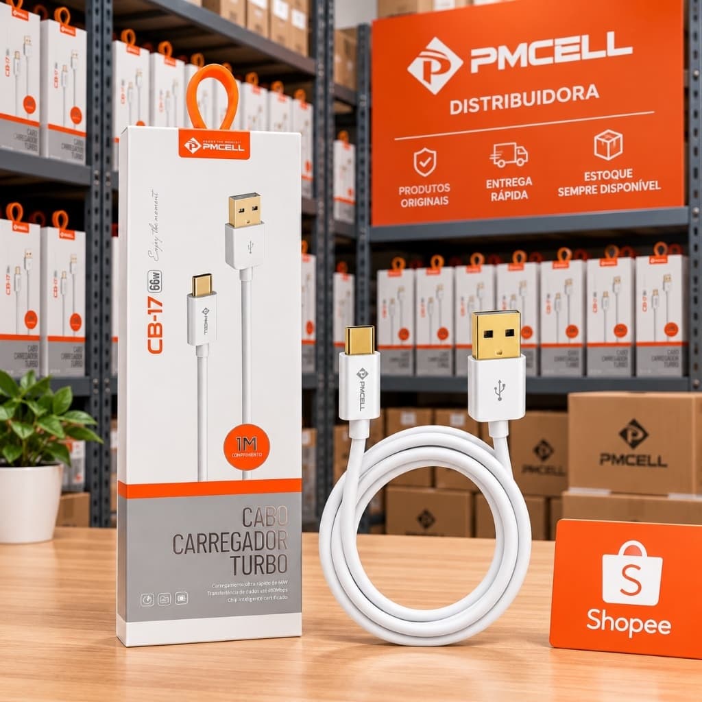 Cabo Carregador Turbo USB para Tipo-C 66W PMCELL CB-17 Carga Rápida Celular e Tablet Android, IOS