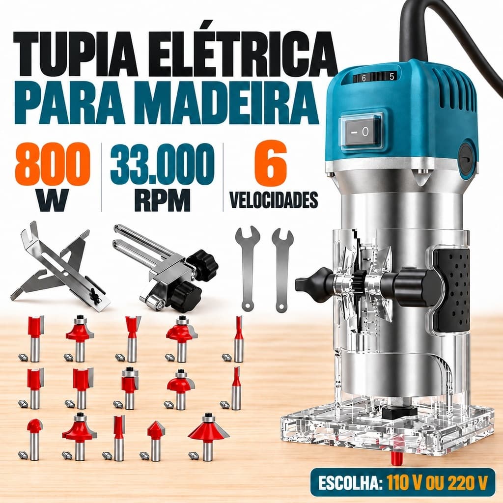 Tupia Laminadora Elétrica 800W 110V/220V para Madeira com 15 Fresas, 6 Velocidades e Base Transparente