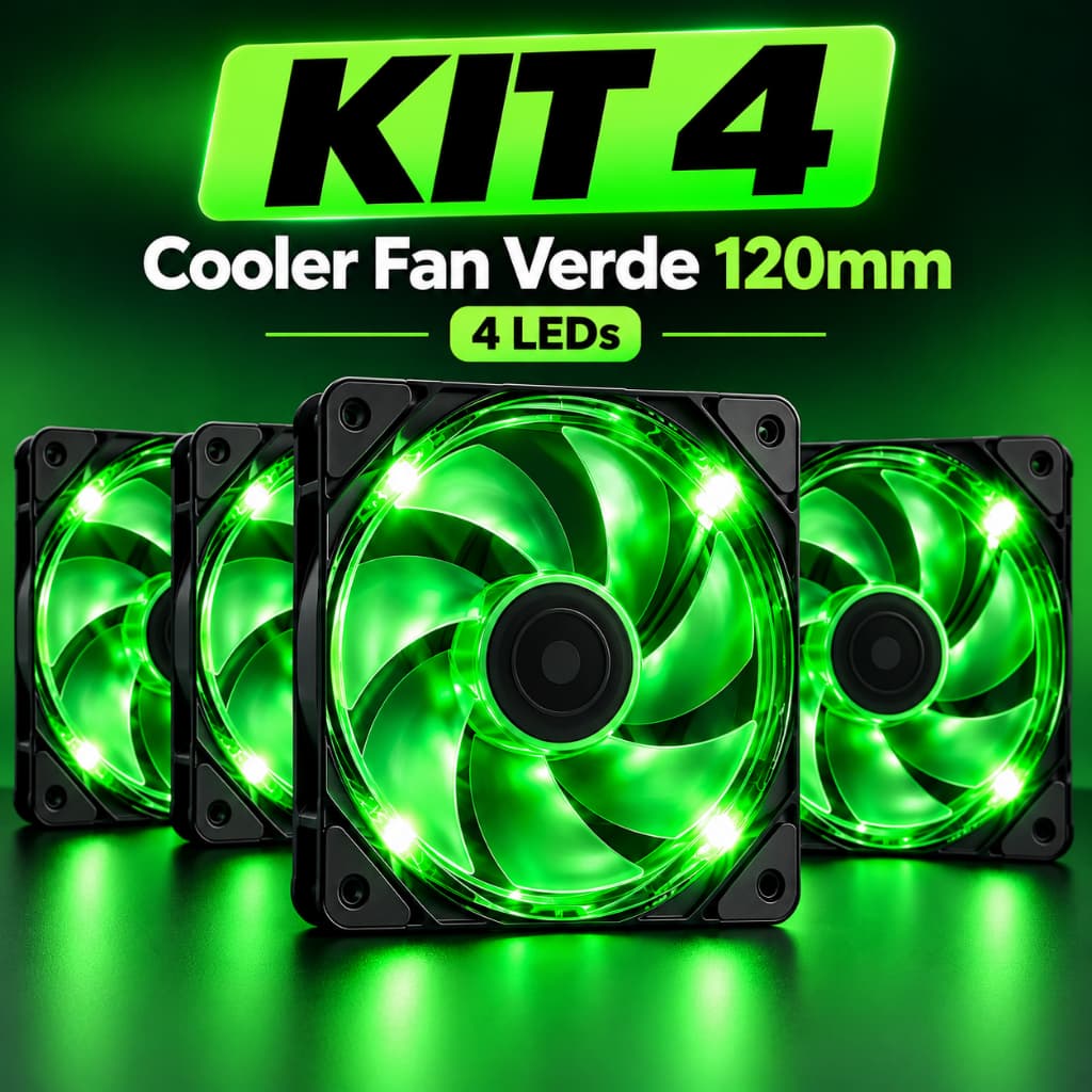 Kit 4 Cooler Fan Verde 120mm 4 LEDs Para Gabinete PC Gamer Ventoinha 12cm