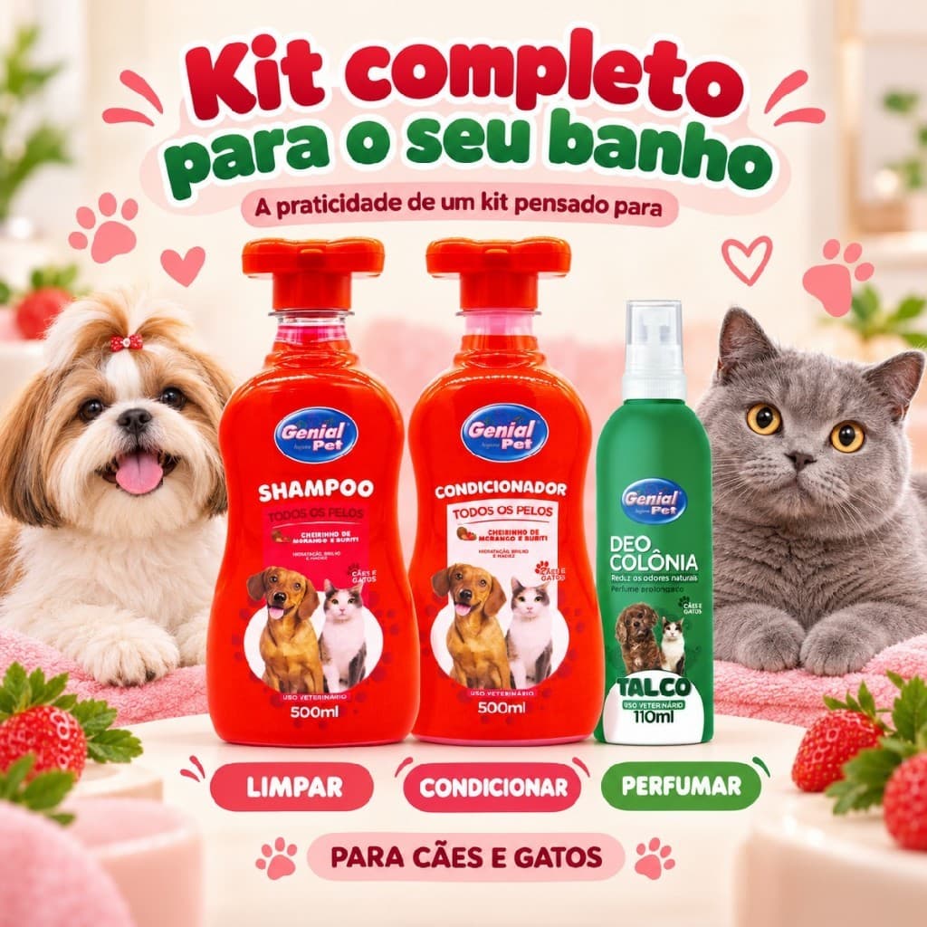 Kit Banho Pet Shop Shampoo Condicionador e Perfume para Cachorro e Gato Morango Genial Pet