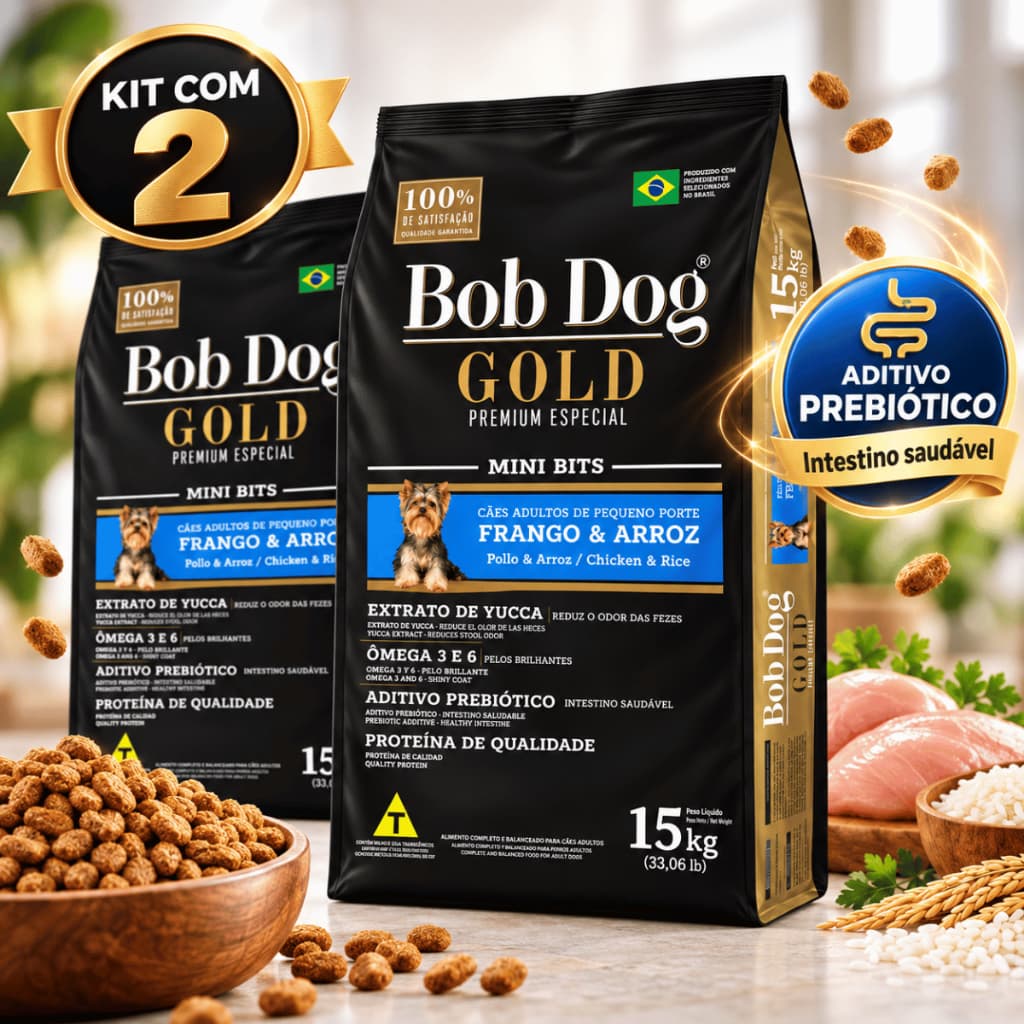 Kit 2 Ração Cachorro Adulto Bob Dog Gold Premium 15kg Mini Bits Frango e Arroz com Prebiótico Oferta