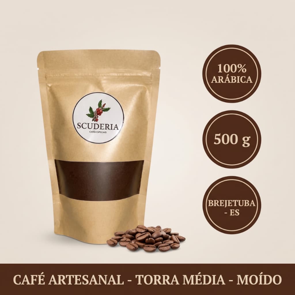 Café Artesanal 100% Arábica 500g Moído ou em Grãos Torra Média ou Clara Brejetuba ES Scuderia