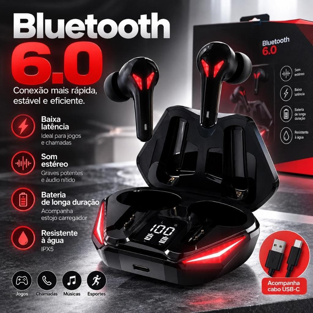Fone Bluetooth Gamer TWS 6.0 BG3 RGB Sem Fio Baixa Latência Estéreo Microfone Estojo Display Jogos Música