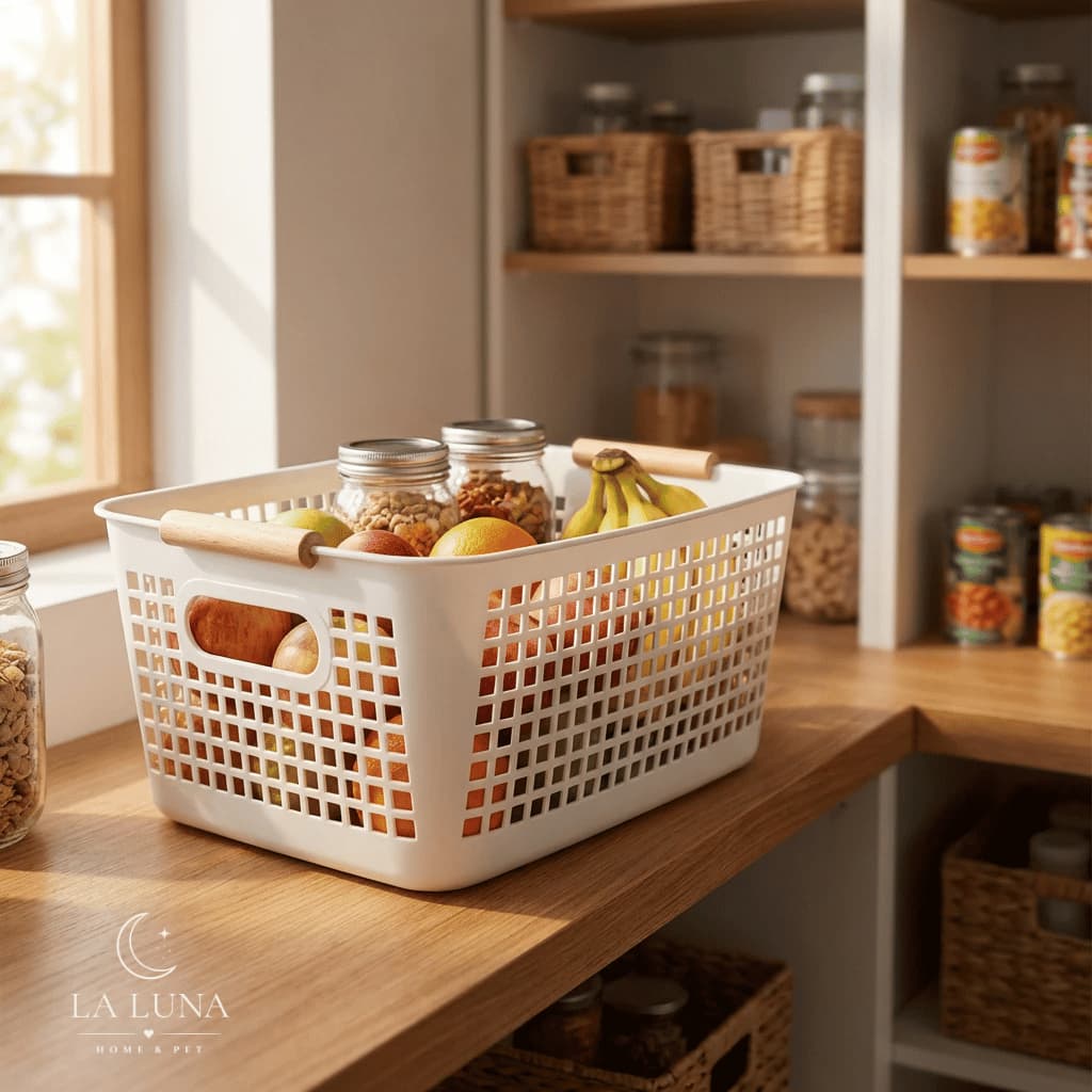 Cesto Organizador Multiuso Alça Madeira Caixa Plástica Organizadora Armário Closet Lavanderia Cozinha Branco Cinza