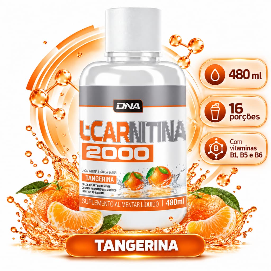 L-Carnitina 2000mg Líquida Tangerina DNA Suplementos 480ml 16 Porções Vitaminas B1 B5 B6 Pré Treino Fitness
