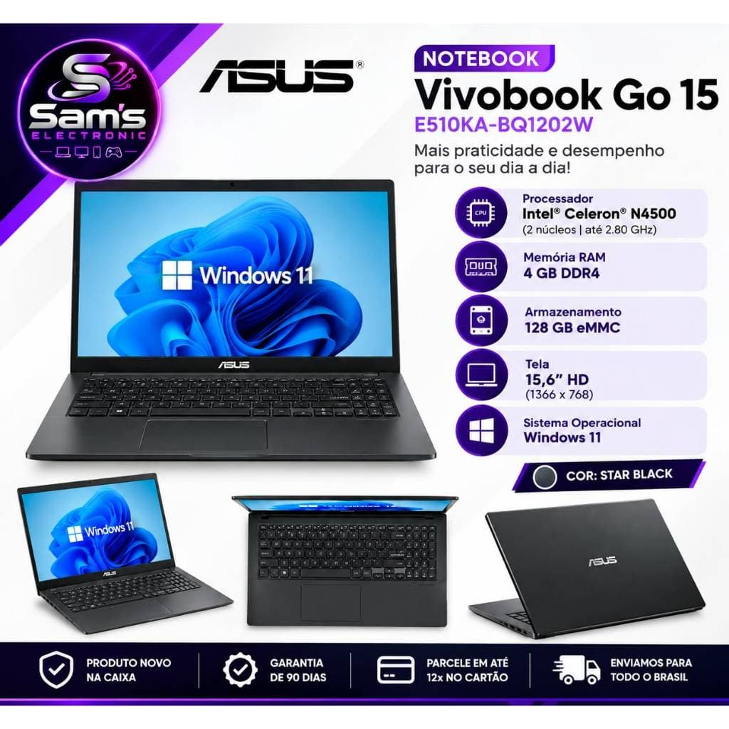 Notebook ASUS Vivobook Go 15 4GB 128GB eMMC 15,6" Novo na Caixa - Excelente para estudo, trabalho e muito mais