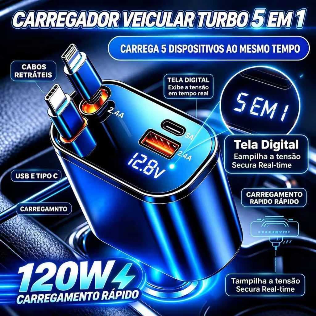 Carregador Veicular Turbo 120W 5 em 1 USB C Lightning Cabos Retráteis Tela Digital Carregador Rápido Celular Carro