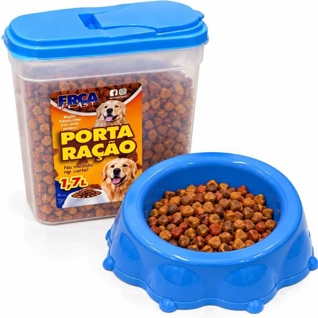 Kit Porta Ração Ercaplast 1,7L + Comedouro para Cachorro e Gato