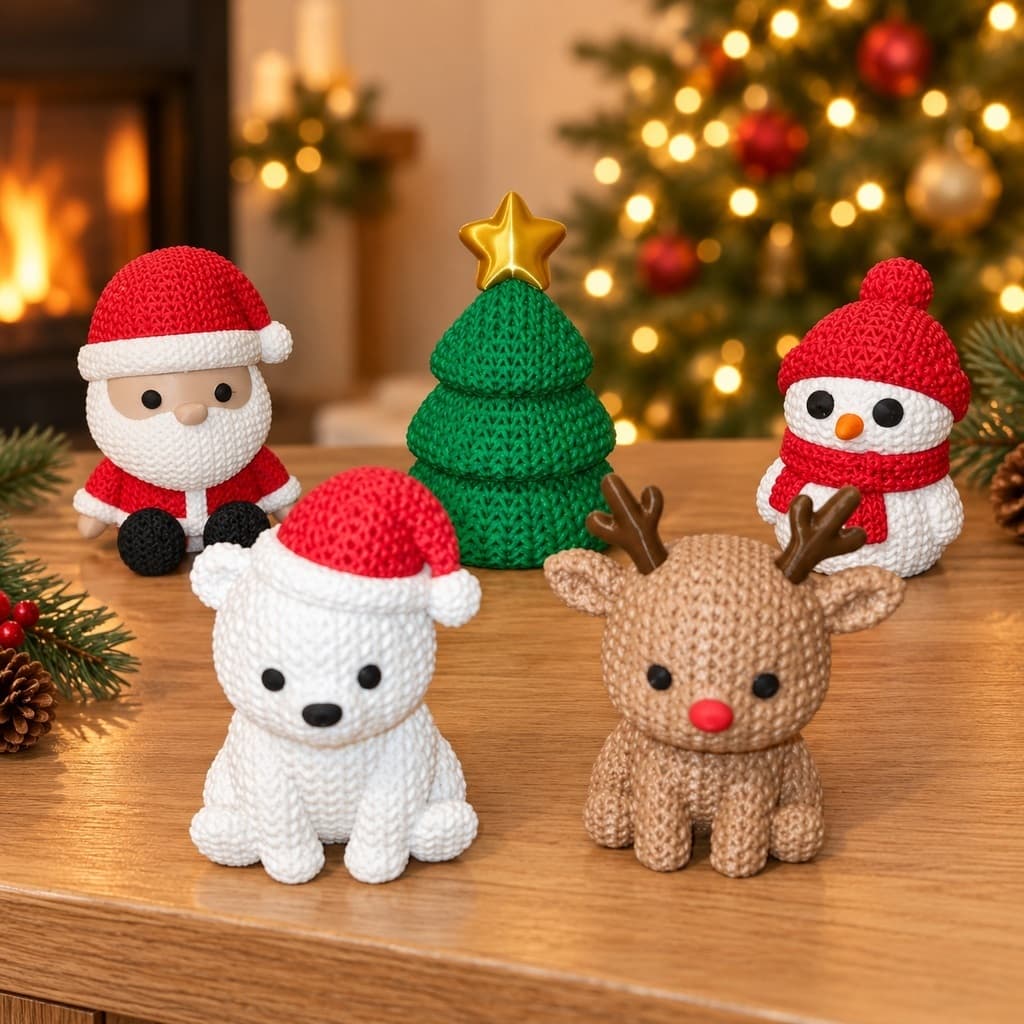 Kit Enfeites Decorativos de Natal 5 Peças Impressão 3D Estilo Crochê Amigurumi Natalino