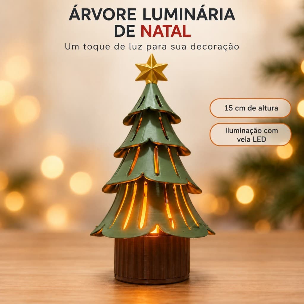 Mini Árvore de Natal Luminária LED 15cm Enfeite de Mesa Decoração Natalina Vela LED com Interruptor Impressa em 3D