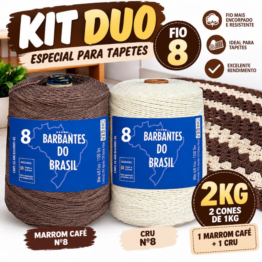 Kit 2 Barbantes Fio 8 1kg Cada Café e Cru Para Crochê Barbantes do Brasil