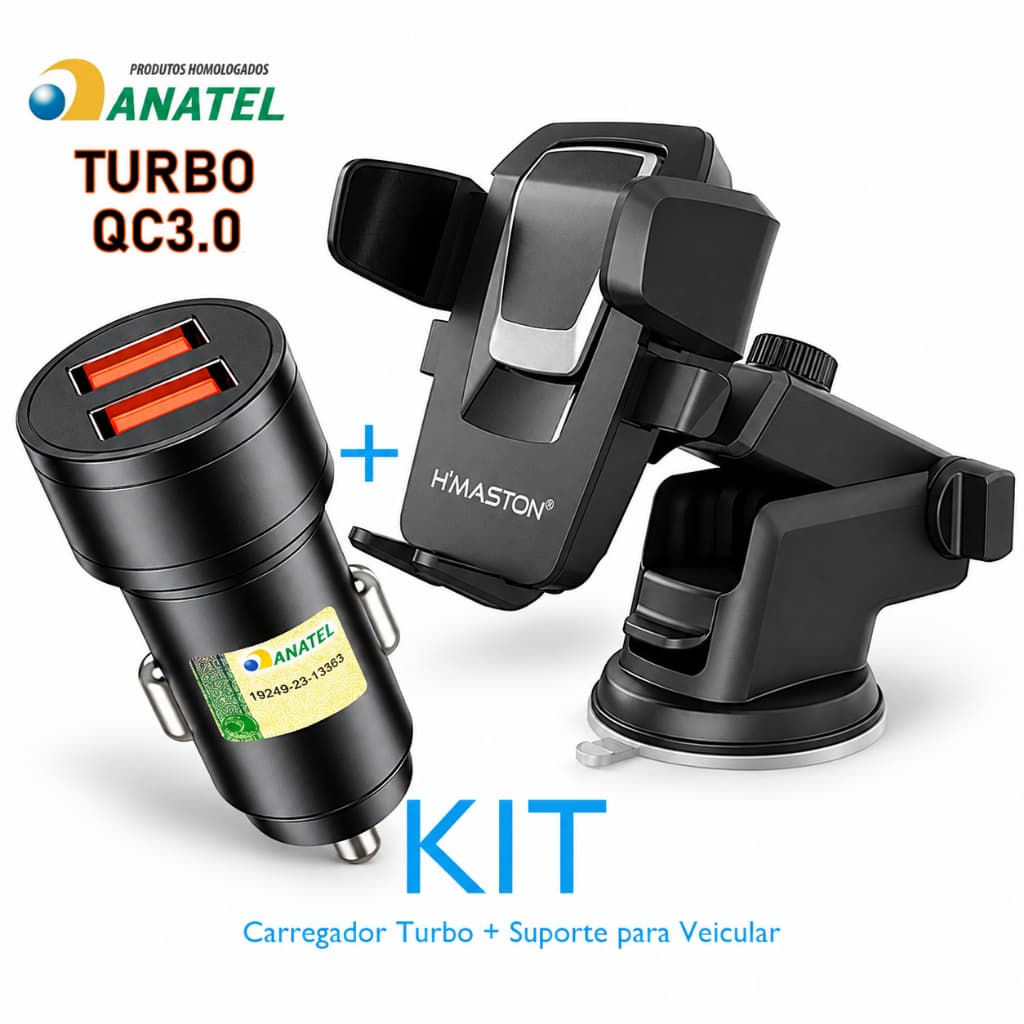 Carregador Turbo Veicular Carga Rápida e Suporte Celular GPS Veicular Carro Universal 360° H'maston original