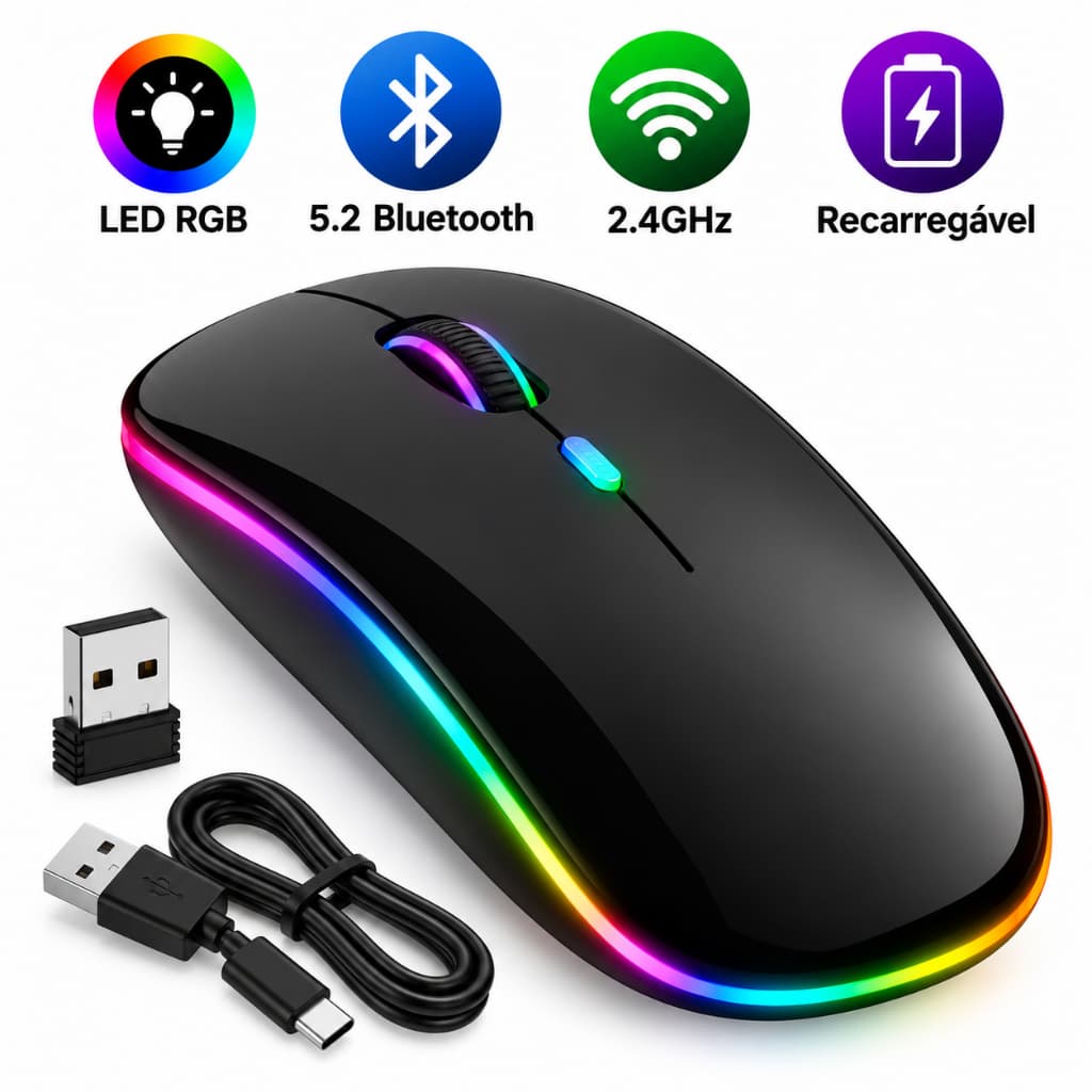 Mouse Sem Fio LED RGB Bluetooth 2.4GHz Recarregável USB com Receptor Nano para PC Notebook