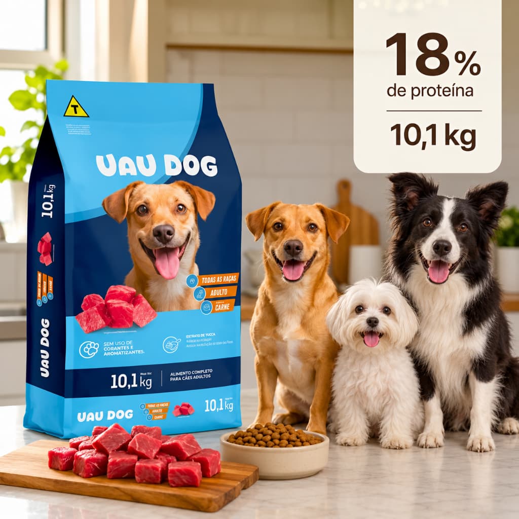 Ração Premium Para Cachorro Adulto UAU Dog 10,1kg Sabor Carne Todas as Raças 18% Proteína