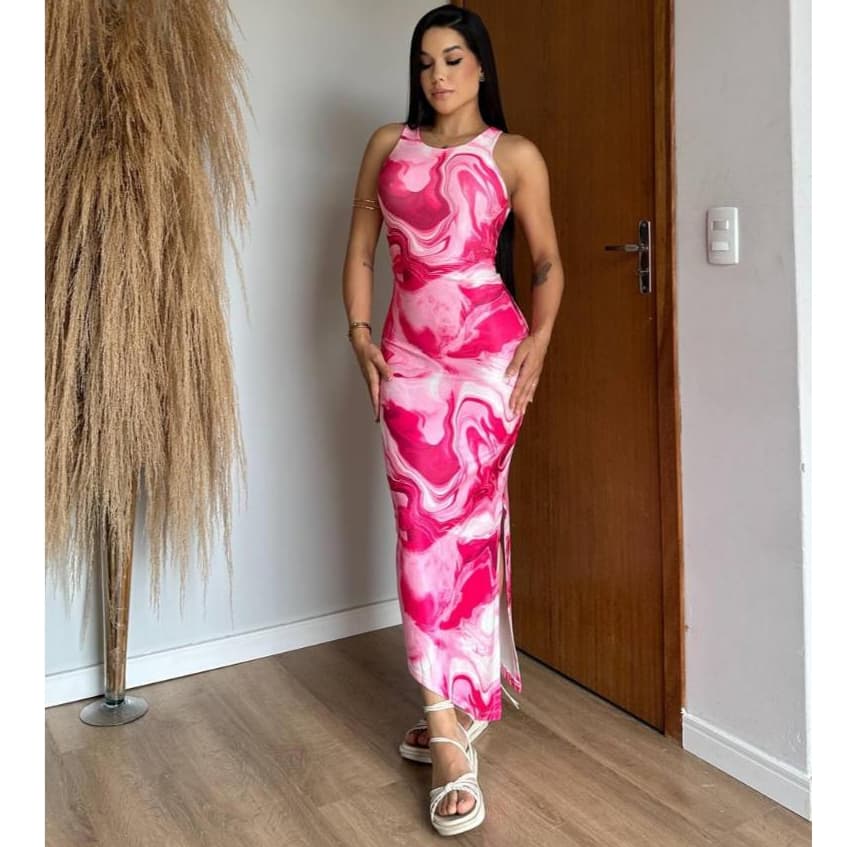 Vestido Feminino Midi com Estampa Marmorizada e Fenda Lateral