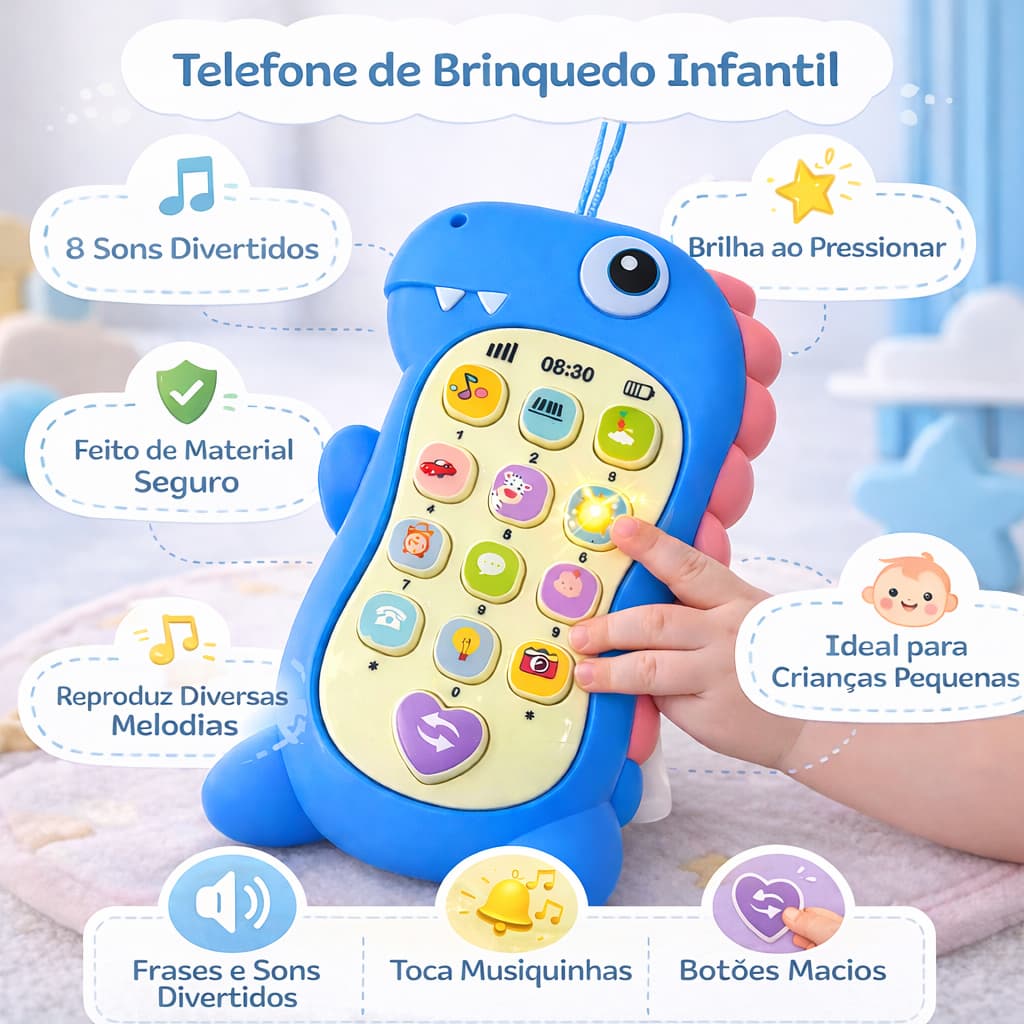 Celular Infantil Educativo Musical com Mordedor Dinossauro para Bebê