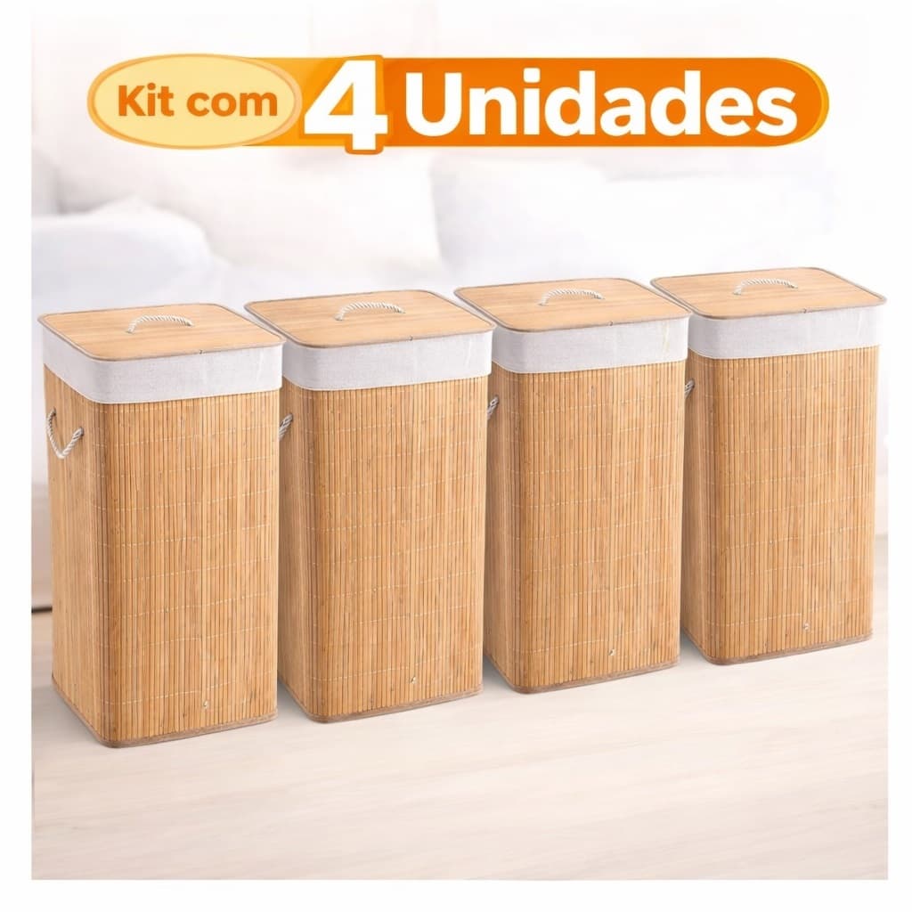 Kit 4 Cesto Organizador de Bambu Natural Multiuso – Banheiro, Quarto e Lavanderia