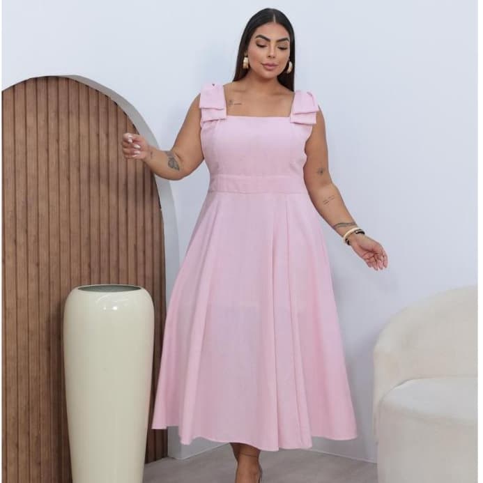 Vestido Feminino Plus size Midi Casual Elegante Linho Premium Conforto Laços Alça Larga Moda PP a G3