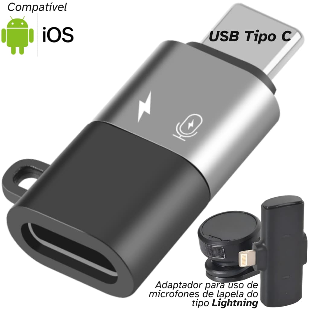 Adaptador Lightning para Tipo C Microfone Lapela  Macho iPhone 15 16 17 Samsung Carregamento Rápido