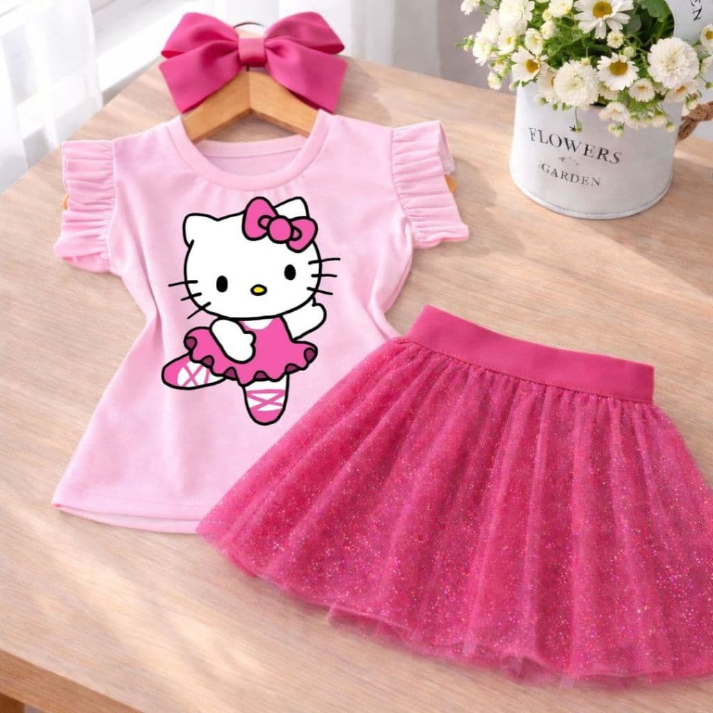 Conjunto Infantil Menina Fashion Blogueirinha  Blusa Rosa Bebê Babado Gatinha Bailarina + Saia Tule Glitter PinK