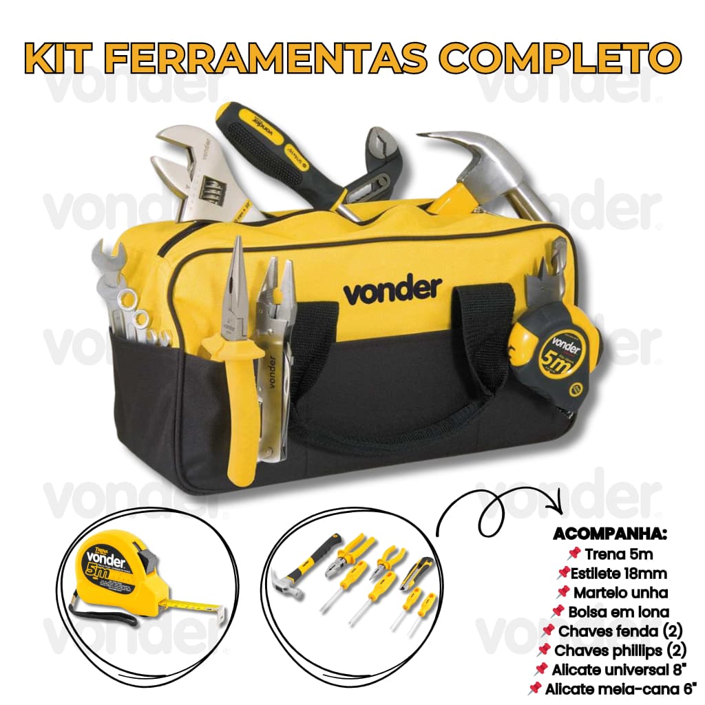 Kit Ferramentas Completo Bolsa Lona Trena 5m Alicates Martelo Chaves Uso Doméstico Profissional