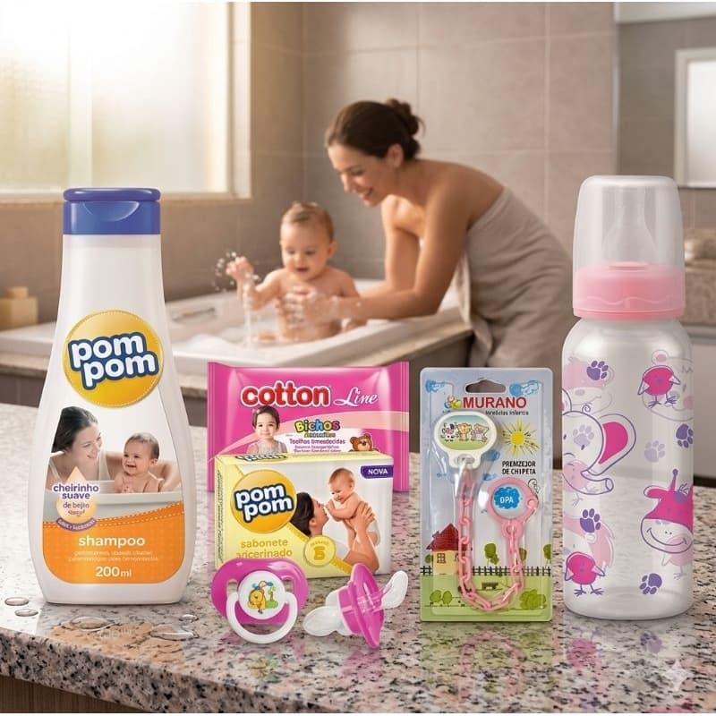 Presente Cha de Bebe Kit 6 Itens Cuidados Higiene Alimentação do Bebê Lembrancinha Shampoo + Sabonete +Mamadeira 240 ml