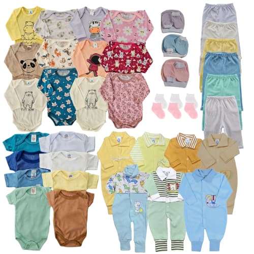 Kit 15 peças Enxoval de Bebê Completo com Body, Mijão, Touca, Luva e Meia com ou sem Macacão em Algodão