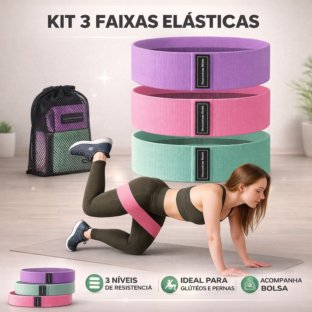 Kit 3 Faixas Elasticas Hip Band 3 Intensidades Treino Academia Gluteos Fitness Musculacao