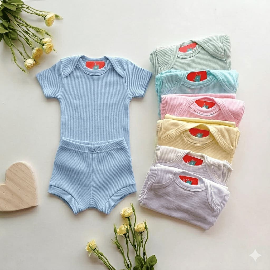 Kit bebe 4 peças -  Body bebe manga curta e Shorts Canelado enxoval