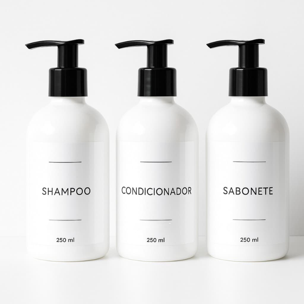 Kit 3 Frascos Pet Branco 250ml Para Shampoo Condicionador e Sabonete 250ml Refil Dispenser