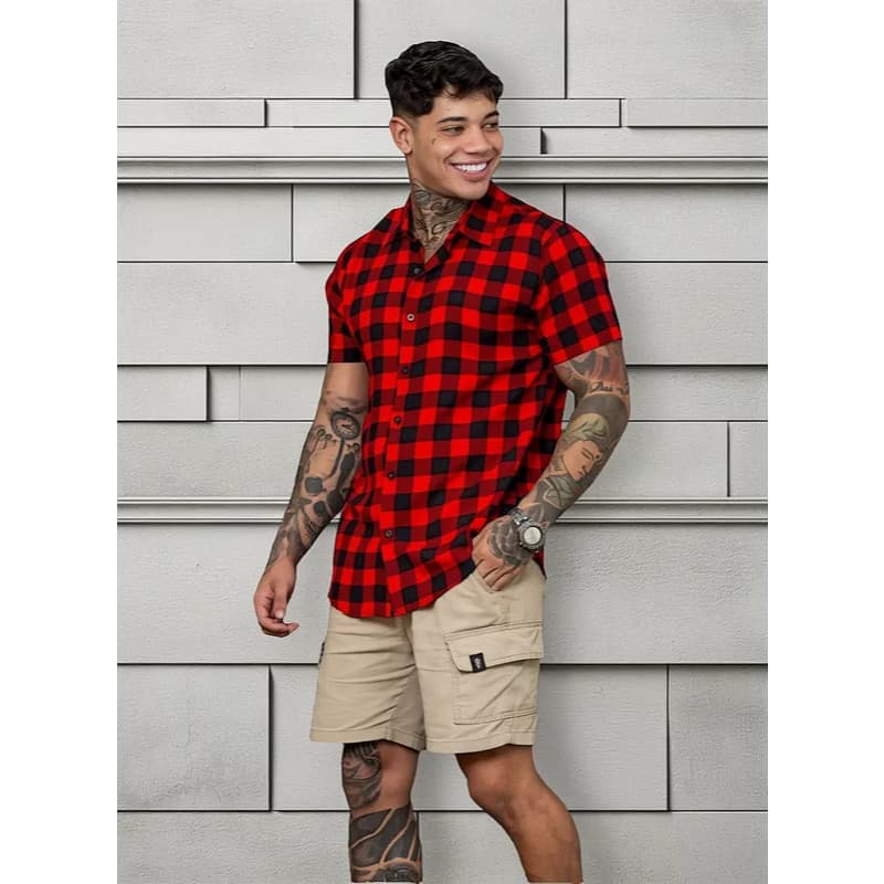 Camisa Masculina Manga Curta Xadrez Viscose Festa Junina Social Slim