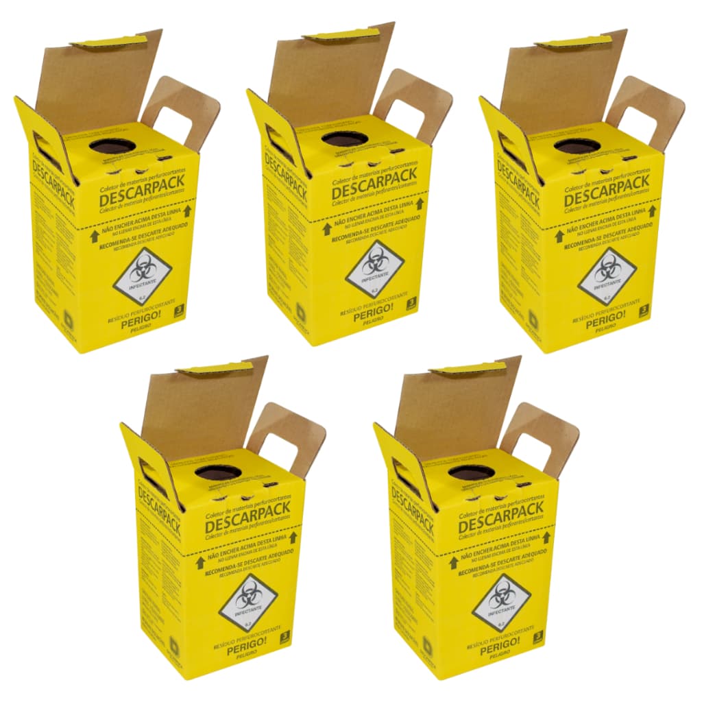 Kit 5 un Caixa Coletora 3L Descarpack Material Perfurocortante Descarte Hospitalar Seguro