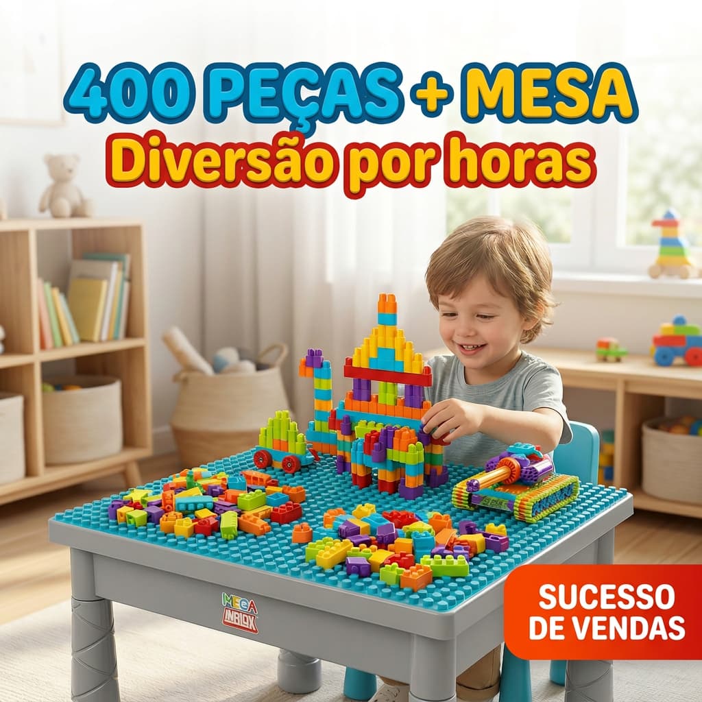 Mesa de Montar Tipo Lego 400 Peças Blocos Grandes Educativos Brinquedo de Construção Infantil Criativo Presente 3+