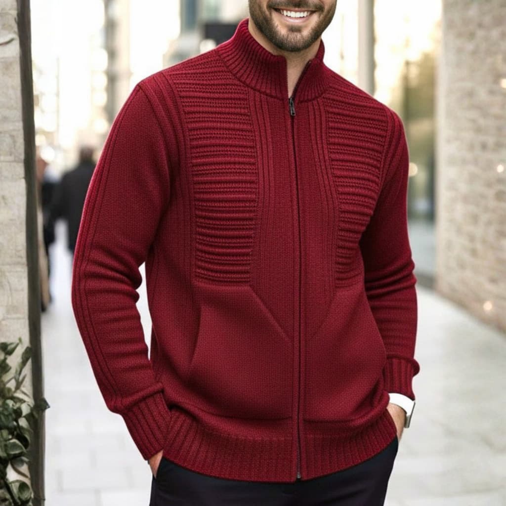 Casaco Masculino Inverno Jaqueta Masculina Lã Com Ziper E Bolso Tricot