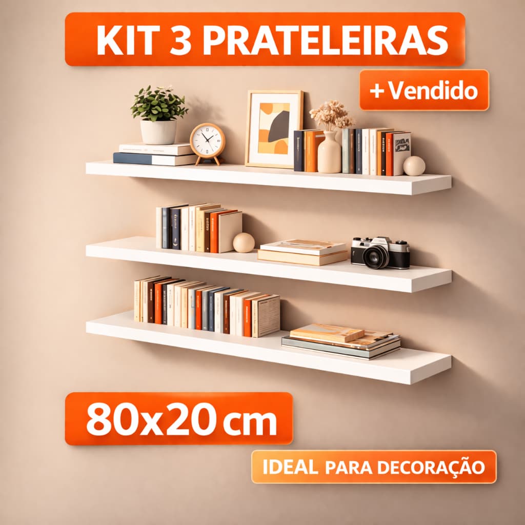 Kit 3 Prateleiras 80x20cm MDF 15mm com Suporte Invisível Branca ou Preta Parede