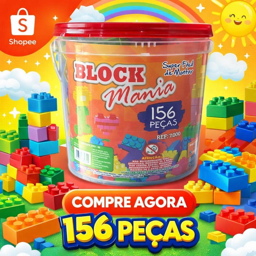 Balde Blocos De Montar 156 Peças Brinquedo Infantil Educativo Desenvolve Coordenação Motora 3 Anos