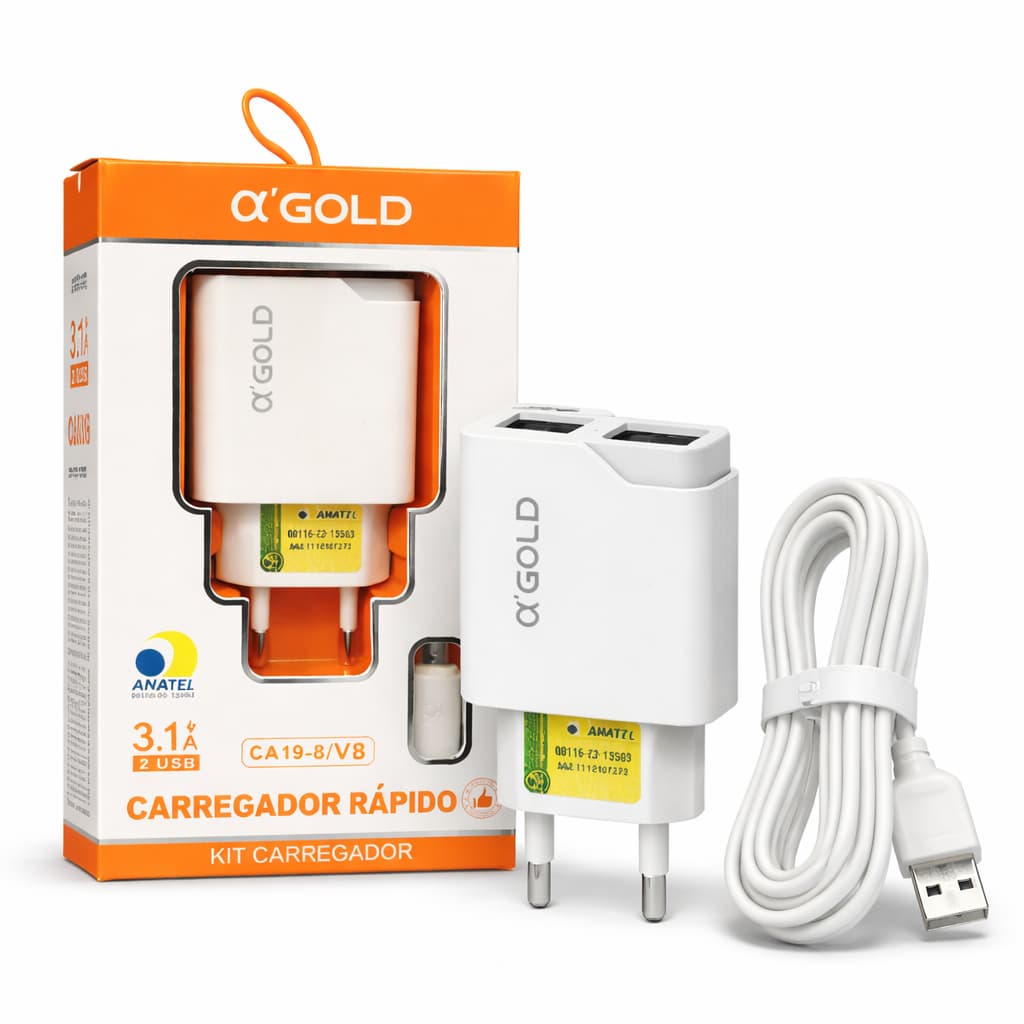 Kit Carregador V8 Micro USB Rápido Android Turbo Celular USB 3.1A Bivolt + Fonte