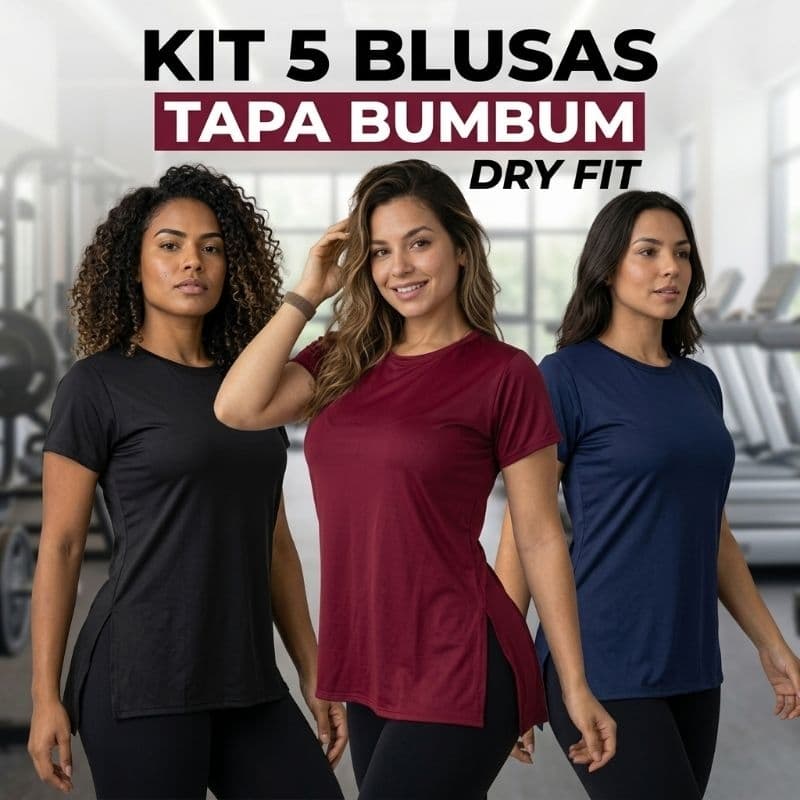 Kit 5 Blusas Feminina Academia Dry Fit Camisa Musculação Treino camiseta tapa bum bum