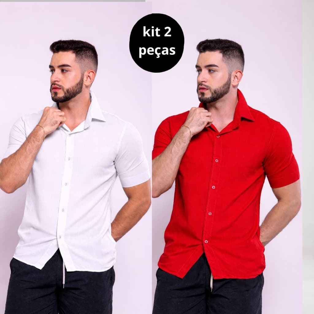 KIT 2 Camisa Slim Masculina Visco-Linho premium Gola Italiana Fresca Manga Curta Conforto Social