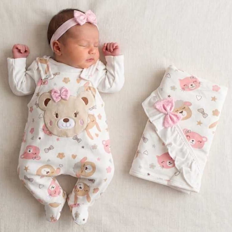 Roupa Bebê Menina Saída de Maternidade Kids Ursinha Lola Palha - Tamanho P