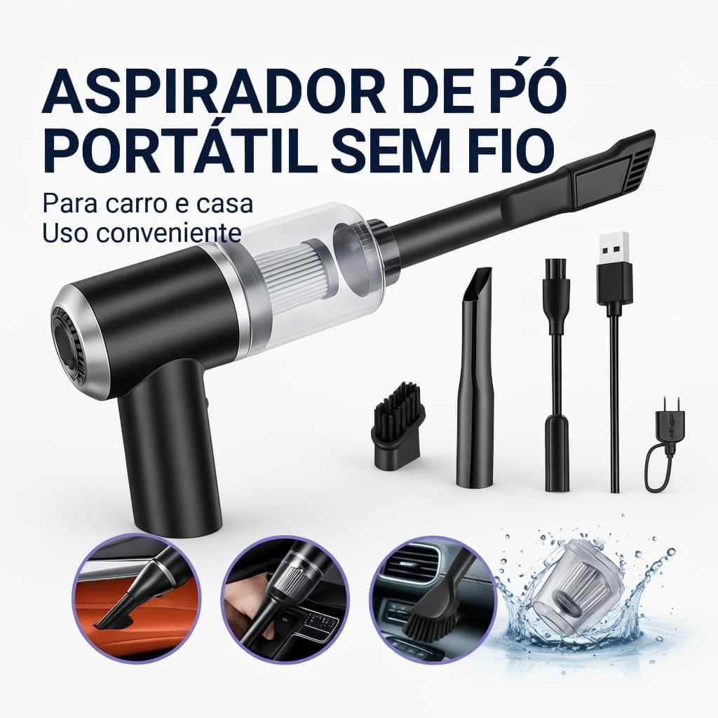 Aspirador Portátil Sem Fio 2 Baterias 2000mAh USB Multifuncional Limpeza Carro Casa Completo
