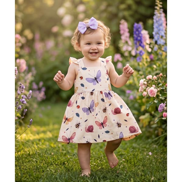 Vestido Bebê 0 a 2 anos + Calcinha Tapa Fralda e Laço – Coleção Borboletas - Conjunto Infantil Delicado e Confortável