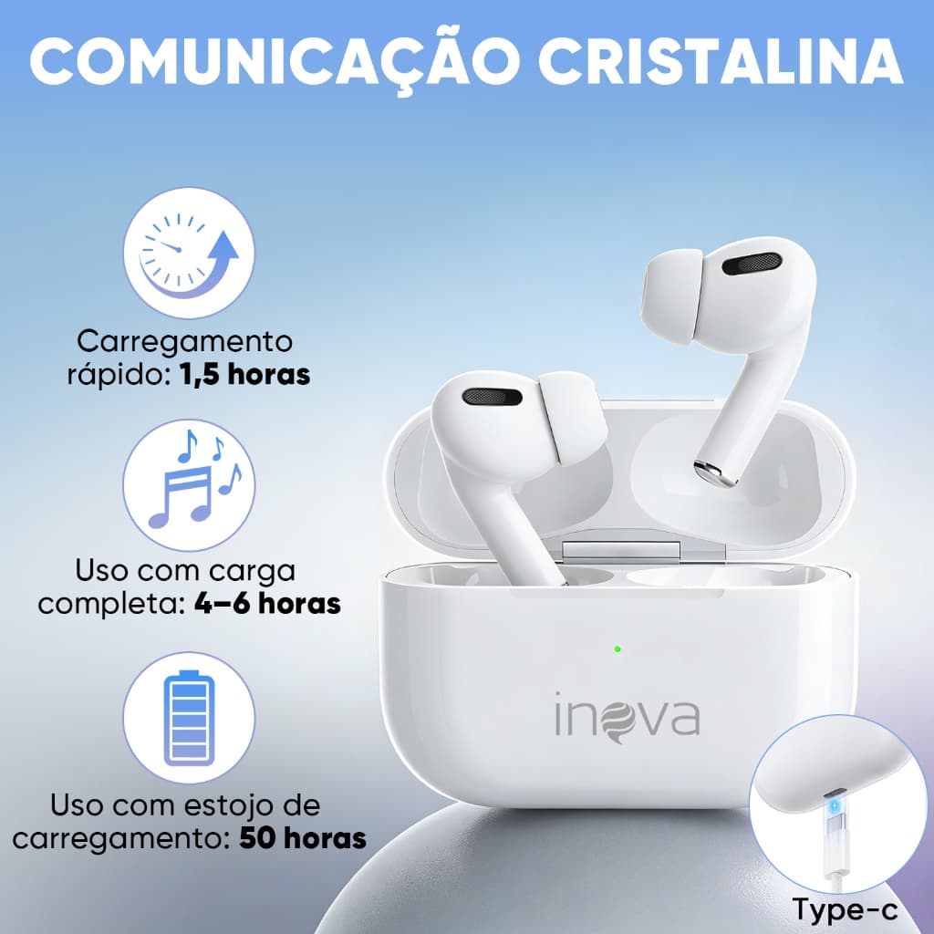 INOVA Fone Bluetooth 5.4 36H Bateria Redução Ruído 99% IPX5 Água Driver 13mm Pop-up