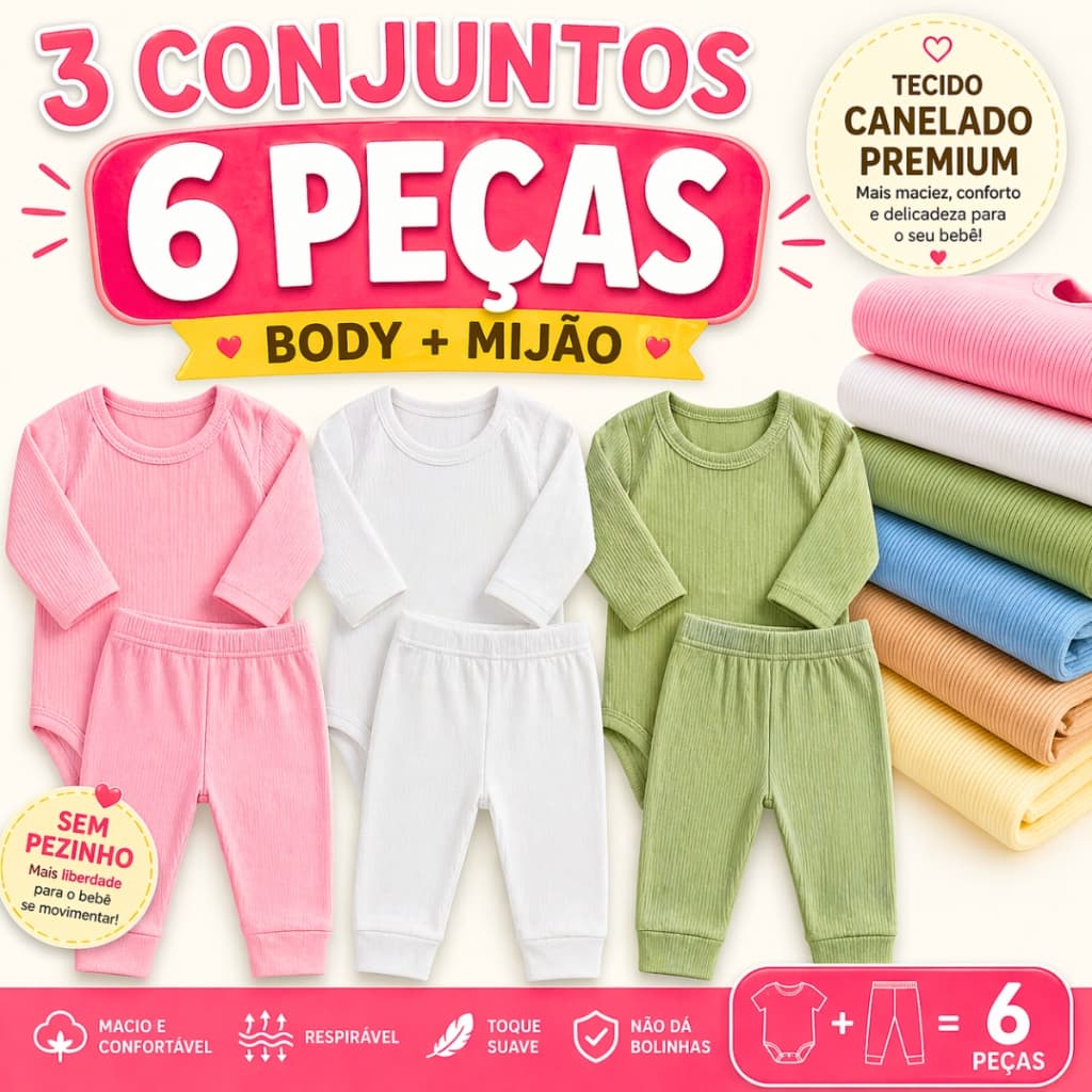 Kit 6 Peças Conjunto Body Canelado Manga Longa E Calça Mijão De Bebê Menino Menina