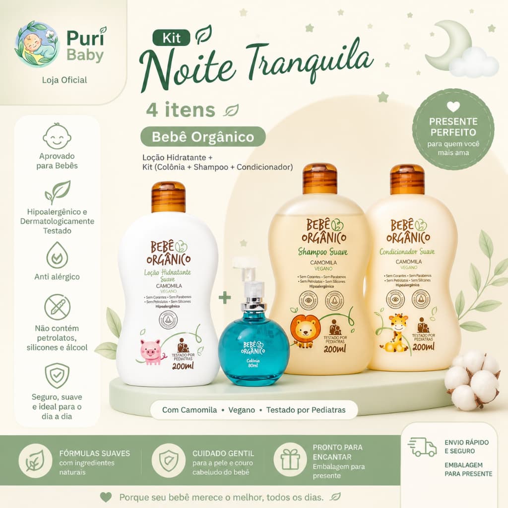Kit Shampoo + Condicionador + Colônia sem Álcool + Loção Hidratante Bebê Orgânico 200ml