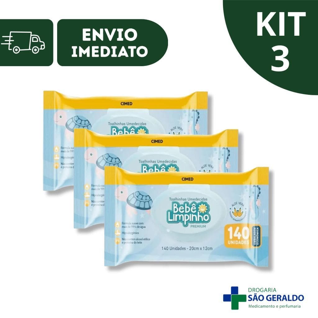 Kit 3 e 4 Pacotes Toalha Umedecida Bebê Limpinho Cimed 140 Unidades – Lenço Umedecido Infantil Suave Hipoaler