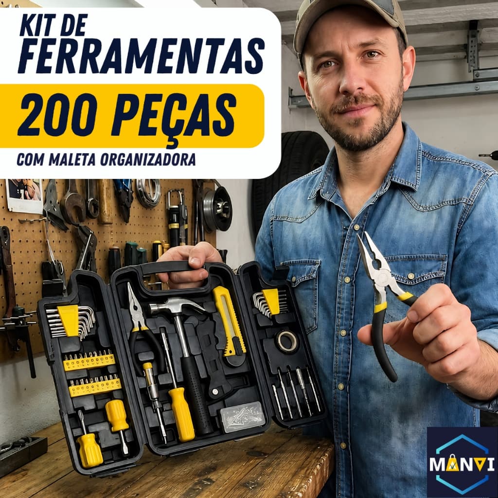 Kit Maleta Ferramentas Jogo 200 Peça Completo Profissional Aço Serviços Gerais Alicate Chave Catraca
