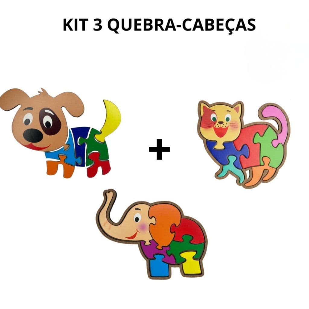 Kit 3 Quebra Cabeças Infantil Educativo MDF Animais Cachorro Gato Elefante Brinquedo Educativo
