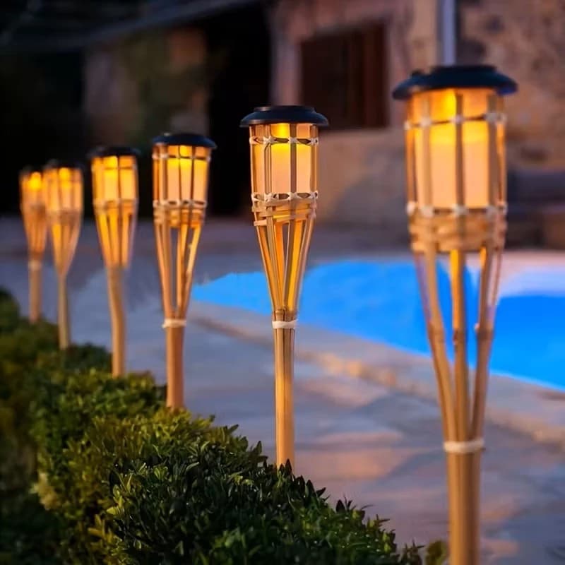 Luminária Solar De Bambu LED Chama de LEDs | Iluminação Decorativa Jardim Externo